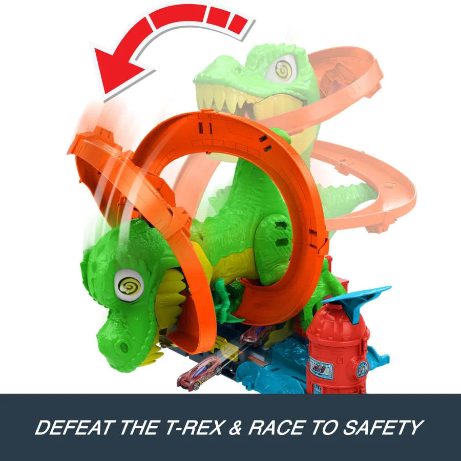Hot Wheels City T-Rex Blaze Battle Playset & 1:64 Scale Die-Cast Car, Dinosaur Nemesis