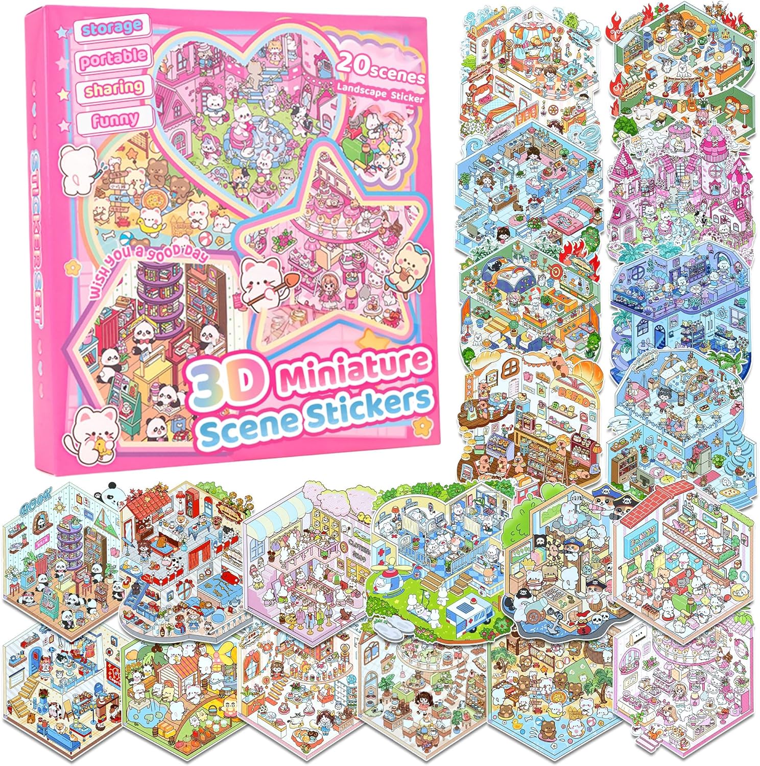 3D Sticker Scenes: DIY Miniature Cartoon Animals & Houses Stress Relief Fun