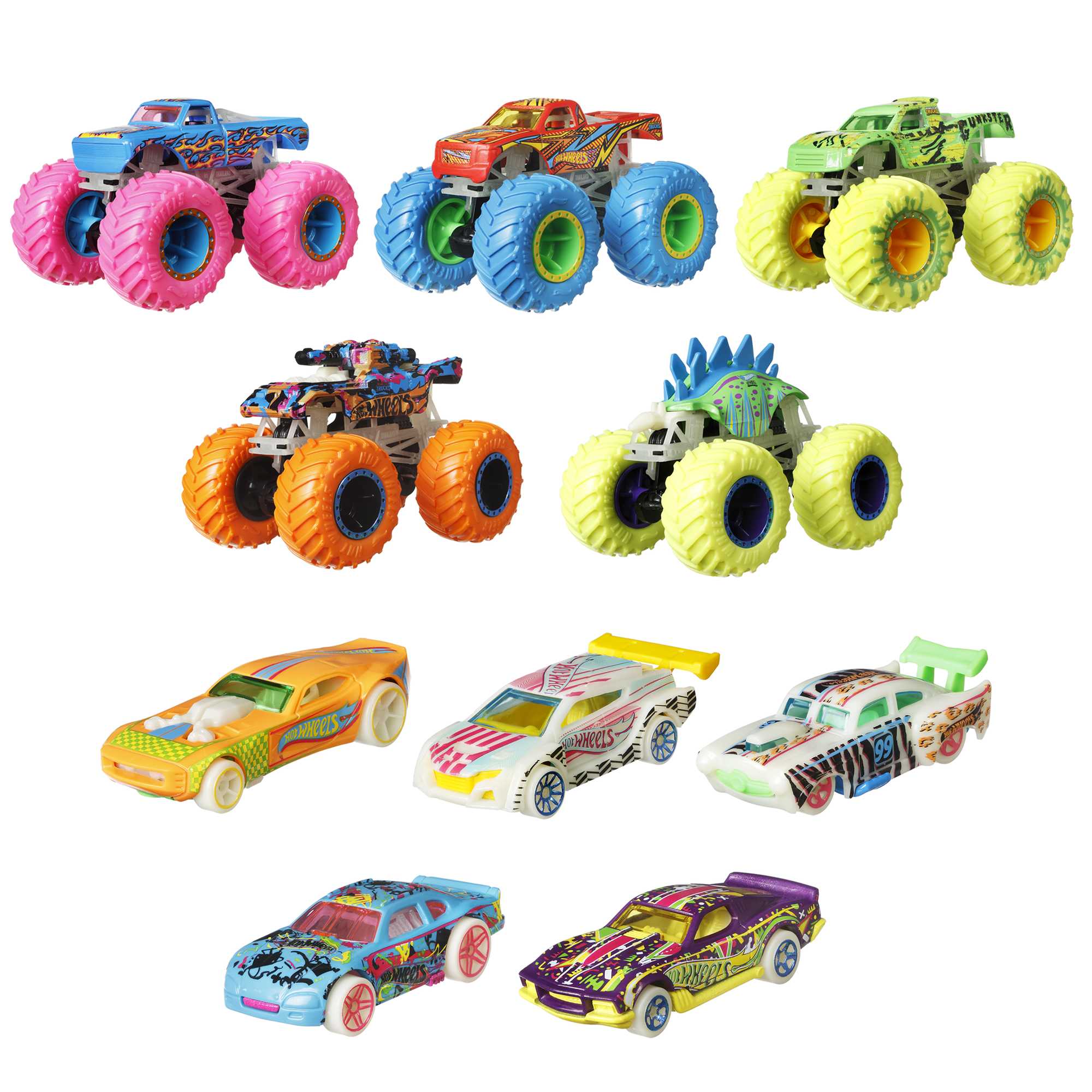 Hot Wheels Glow in The Dark Monster Truck 10-Piece Vehicle Set 13 Hot Wheels Glow in The Dark Monster Truck 10-Piece Vehicle Set