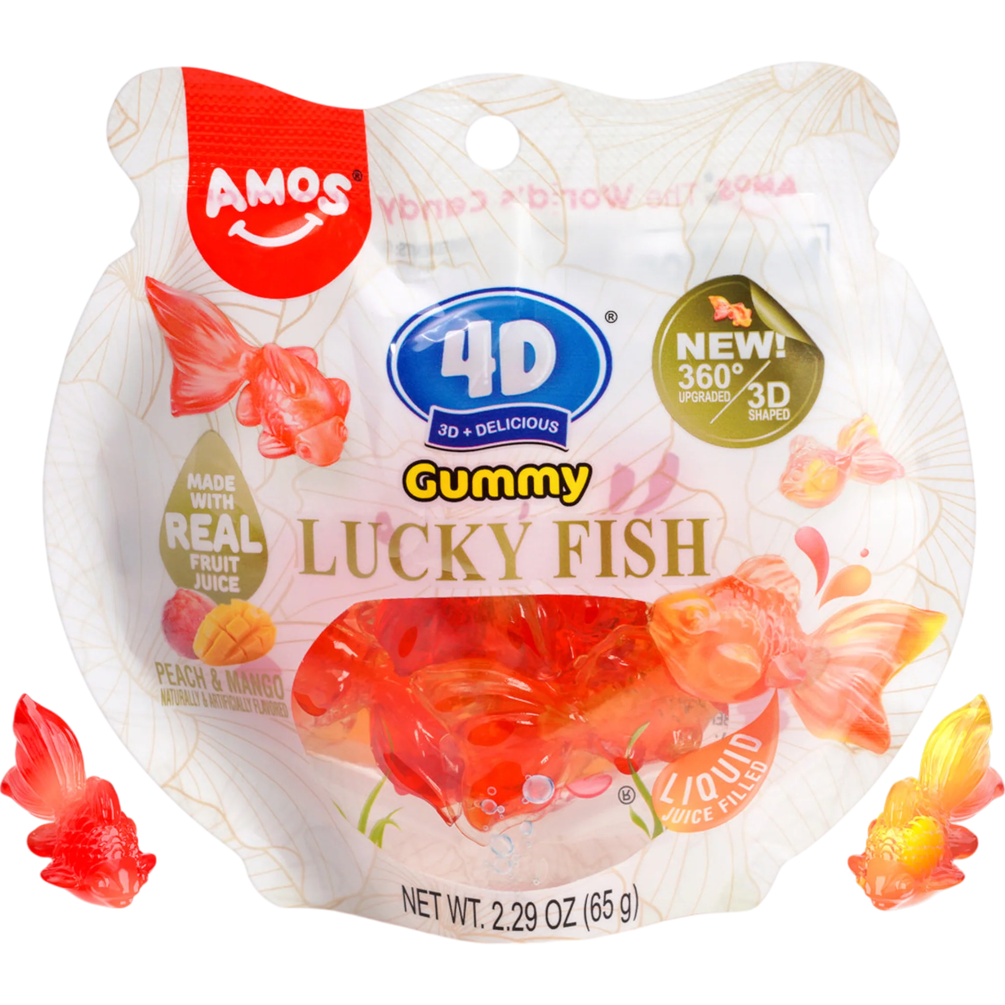 Amos 4D Gummy Lucky Fish Mango and White Peach Fruit Candy
